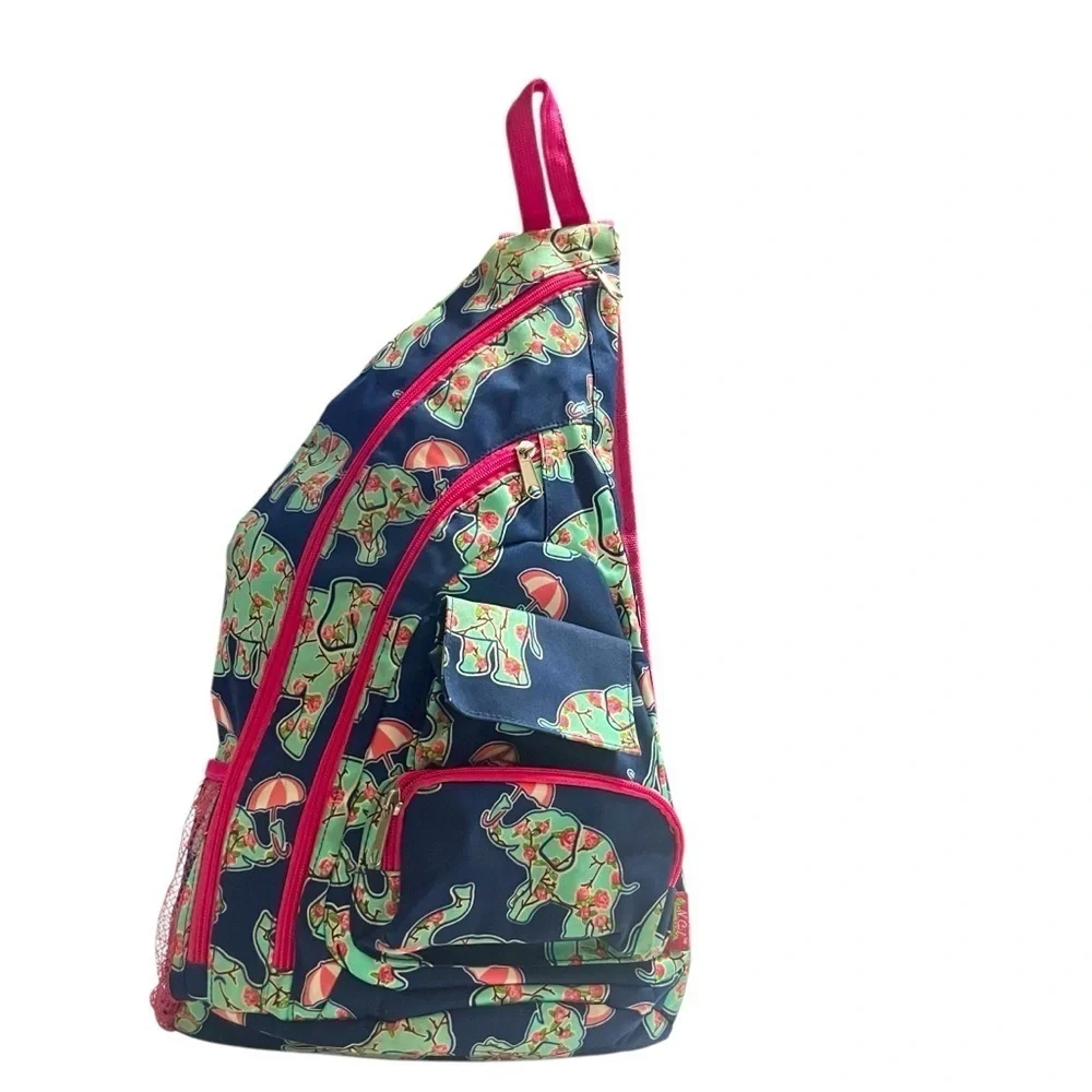 N.Gil Cute Elephant Print Sling Backpack Navy Pink Canvas Crossbody Travel Bag